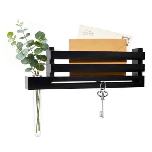 Black Wall Mounted Key Holder with Acrylic Vase & Mail Organizer, Wooden Entryway Key Rack with 5.9" Test Tube Vase, Decorative Key Hanger with Slot for Keys and Letters, Gift Idea - color: Black