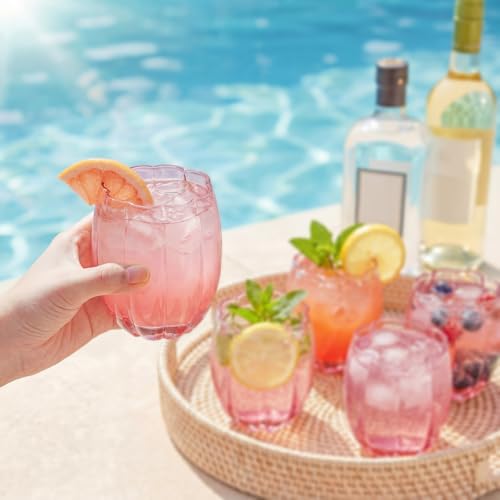 Remerry 6 Pack Pink Stemless Glasses Petal Glass 12oz (350ml) Wine Glass Cups Hand Blown Drinking Glasses for Cocktail, Juice & Various Mixed Drinks for Galentine Wedding Party Reception Grand Event - color: Pink
