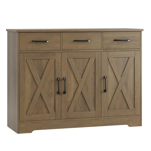 HOSTACK Kitchen Buffet Cabinet with Storage, Sideboard Coffee Bar, Brown | Farmhouse Kitchen Storage Cabinet with 3 Drawers & Adjustable Shelf, 42.5"W Buffet Table for Dining Living Room - color: Rustic Brown
