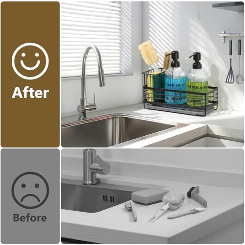Kitchen Dish Soap Dispenser Set with Tray for Countertop Organizer, Black | 14OZ Glass Bottle with Rustproof 304 Stainless Steel Sponge Holder and Instant Dry Tray, Hand and Dish Soap Dispenser Set - color: Black + Dark Grey + Transparent