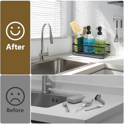 Kitchen Dish Soap Dispenser Set with Tray for Countertop Organizer, Black | 14OZ Glass Bottle with Rustproof 304 Stainless Steel Sponge Holder and Instant Dry Tray, Hand and Dish Soap Dispenser Set - color: Black + Dark Grey + Transparent