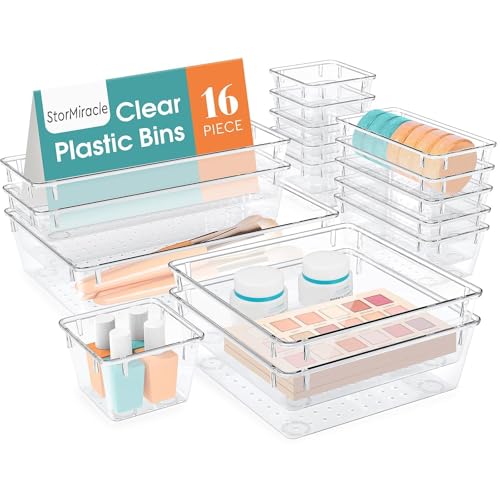 16 PCS Drawer Organizer Set, 5 Size Bathroom and kitchen organizer Trays | Bathroom and kitchen Drawer cabinet organizer Trays, Clear Storage Bins for Makeup, Jewelry, Utensils and Gadgets - color: Clear, size: 16 PCS