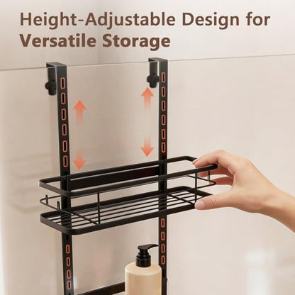 Over The Door Shower Caddy, 304 Stainless Steel Organizer, Black | Hanging Bathroom, Pantry & Kitchen Storage Rack. No Drilling With 3 Adjustable Shelves, 14 Hooks