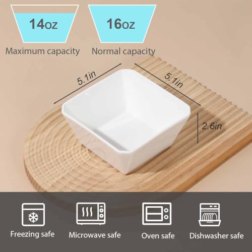 Samsle Porcelain Cereal Bowls, 16 oz Square Serving Bowls Set, 5 Inch White Ceramic Bowls for Salad, Soup, Snack, Dessert and Marmalade, Dishwasher & Microwave Safe, Set of 6