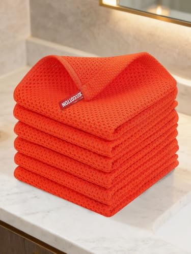 100% Cotton Waffle Weave Kitchen Dish Cloths, 6 Pack Ultra Soft Absorbent, Quick Drying Dish Towels, 6x6 Inches, Dish Rags for Drying Dishes & Daily Kitchen Use (Orange) - color: Orange