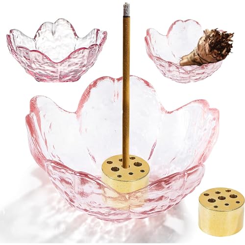 Incense Holder for Sticks Cherry Blossom Incense Burner | Handmade glass cherry blossom incense stick holder, 9 incenses holes ash catcher, for incenses burning, home & spa decor - color: Brass