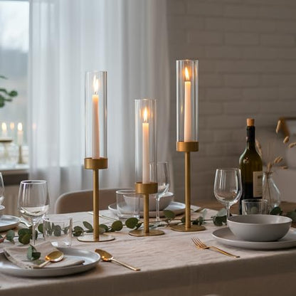 Ronasip Hurricane Candle Holders Set of 3, Matte Gold Metal Taper Candlestick Holders with Clear Glass Chimney Cylinder Tubes, Tall Candle Stands for Wedding, Christmas, Dining Table Centerpiece Decor