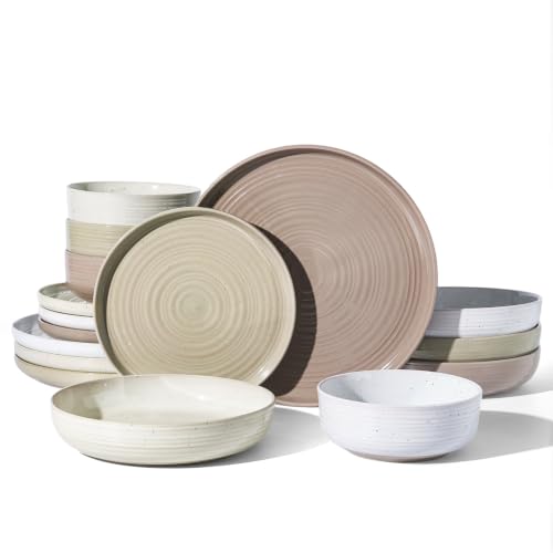 Stoneware Dinnerware Sets with Pasta Bowls, Service for 4 | 16-Piece Ceramic Plates and Bowls, Speckled Spiral Dishes, Chip & Scratch Resistant, Microwave & Dishwasher Safe, Multicolor - color: Multicolor, size: Service for 4 (16pc) - Double Bowls