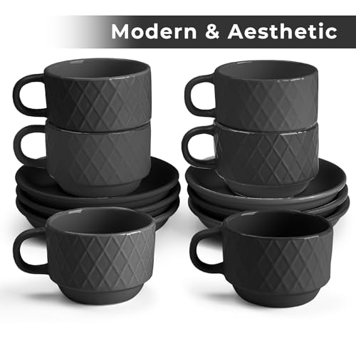 MIAMIO - Espresso Cups Set, Ceramic (Black) - Modern Home Set | Ceramic espresso cups without handles, thick-walled moka cups for espresso and moka, Black - dishwasher safe at home every - color: Black