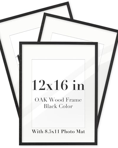 EcoHest 12x16 in Black Solid Oak Wood Narrow Border Wall Picture Frame | Photo Frame with 8.5x11 Mat, Acrylic Front, Thick Backboard, Minimalist Photo Poster Display for Bedroom, Living Room, 3Pack - color: Black With Mat, size: 16"L x 12"W 3Pack