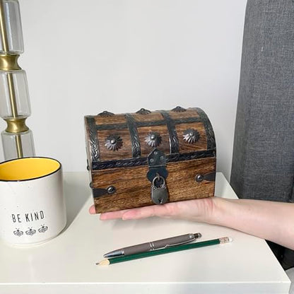 Keepsake Wooden Treasure Chest with Antique Jewelry Lock and Key - Velvet Lined Interior (Medium 6.5 x 4.5 x 4.5) – Decorative Box, Pirate Wooden Chest, Wood Box with Lid - size: Medium 6.5 x 4.5 x 4.5"