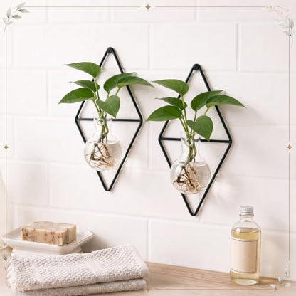 2 Pack Wall Hanging Glass Vase with Metal Frame, Wall Mounted Plant Propagation Station, Diamond Shape Hydroponic Glass Planters with Iron Holder and Screws for Indoor Decor (Black)