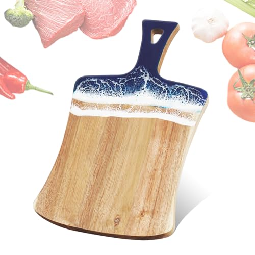 Cutting Board for Kitchen – 14.2" x 8.3" Wooden Serving Board with Handle for Steak Bread Cheese & Fruits – Blue ocean Resin Chopping Board, Easy to Clean - color: Blue