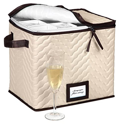 Wine Glass Storage Box with Dividers, Holds 12 Champagne Flute 3" Wide | Stemware Storage Case, Protects Fine China, Durable Quilted Microfiber, Carry Handles, Ideal for Champagne Flute - size: Champagne Flute, style: 1 Pack