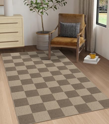 Easy Jute Checkered Area Rug, 3x5 Indoor Outdoor Entryway Rug Washable Brown Checkerboard Kitchen Rugs, Non-Slip Modern Farmhouse Throw Carpet for Living Room Patio Kids Room - color: Brown Checkered, size: 3' x 5' (Rectangular)