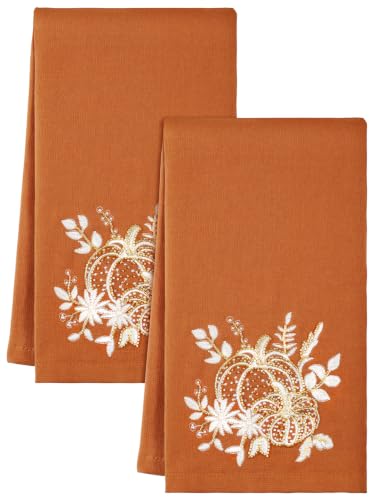 Fall Cotton Kitchen Towels Set of 2, 18x28, Glittering Pumpkin | Embroidered, Decorative Beaded Hand Tea Towel, Soft Absorbent, Hanging Loop, Quick Dry, Fall Kitchen Decor, Housewarming Gift - color: Glittering Pumpkin