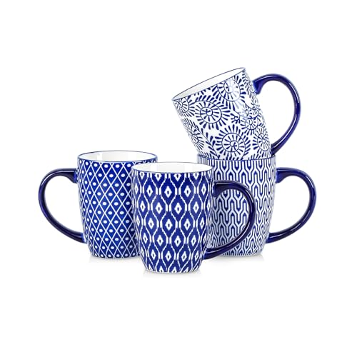 Selamica Ceramic Coffee Mugs Set of 4 with Handle, 16 OZ Large Coffee Cups for Cappuccino, Tea, Mocha, Cocoa, Dishwasher Microwave Safe, Vintage Blue - color: Vintage Blue, size: 16 Oz,set of 4