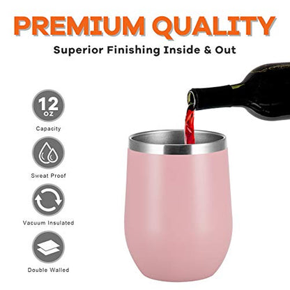 COMOOO Stainless Steel Wine Tumbler Glass Bulk with Lid and Straw 12oz Double Wall Vacuum Insulated Travel Tumbler Cup Stemless for Hot and Cold Drinks, Coffee, Wine, Cocktails, Pink, 8 Pack - color: Light Pink