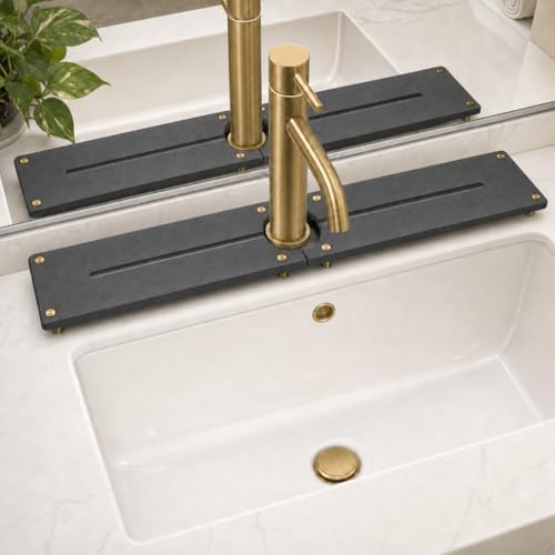 2PCS Stone Faucet Mat for Kitchen Sink, Water Absorbing Sink Tray Organizer for Bathroom Counter, Diatomite Soap Dish Coaster Caddy Riser, Sponge Holder Dispenser Mat, Dark Gray, 23.6" x 4", 1 Set - color: Dark Gray - Gold, size: 23.6" x 4" x 1"