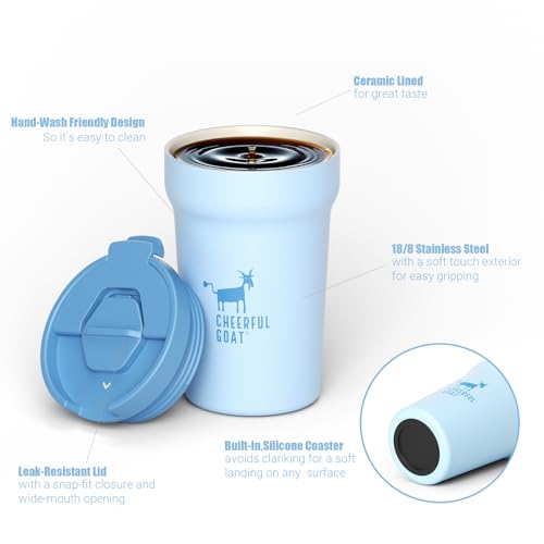 CHEERFUL GOAT Ceramic Lined Coffee Mug – Stainless Steel Travel insulated Tumbler with Ceramic Liner, with lid, 12oz Leak proof Cup for Hot and Cold Water Coffee at Home, Office, or On the Go (Blue) - color: Blue