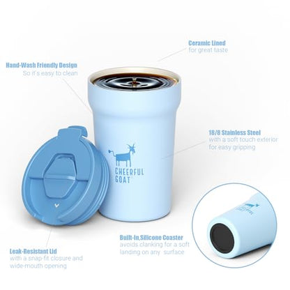 CHEERFUL GOAT Ceramic Lined Coffee Mug – Stainless Steel Travel insulated Tumbler with Ceramic Liner, with lid, 12oz Leak proof Cup for Hot and Cold Water Coffee at Home, Office, or On the Go (Blue) - color: Blue