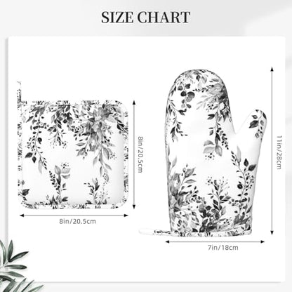 Black and White Eucalyptus Oven Mitts and Pot Holders Set, 4pcs Silicone Grey Watercolor Plant Leaves Oven Glove for Kitchen Heat Resistant Oven Mitts and Potholders Non-Slip for Cooking - color: Black White
