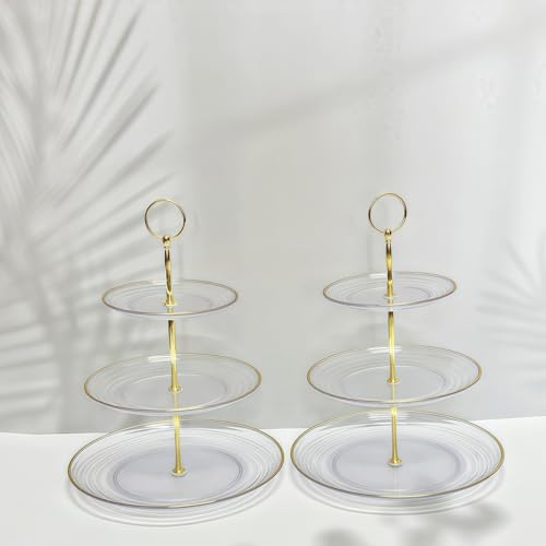 2 Pack of 3 Tiered Transparent Plastic Dessert Cup Cake Stand Holder | Small Tiered Serving Cake Stand, Clear Plate with Gold Rim, Weddings Parties Pastry Serving Tray