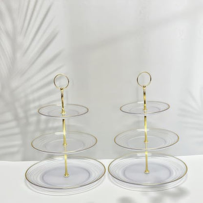 2 Pack of 3 Tiered Transparent Plastic Dessert Cup Cake Stand Holder | Small Tiered Serving Cake Stand, Clear Plate with Gold Rim, Weddings Parties Pastry Serving Tray