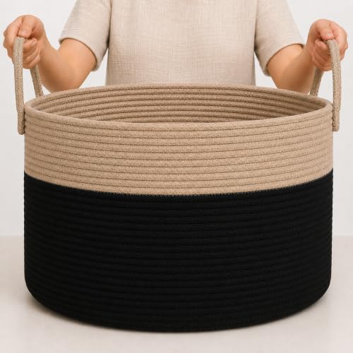 OrganiHaus Round Toy Basket & Blanket Basket, Cotton Rope 20x13" | Black / Honey - Round Cotton Rope Basket, 20x13" - color: Black / Honey, size: Wide