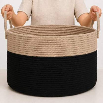 OrganiHaus Round Toy Basket & Blanket Basket, Cotton Rope 20x13" | Black / Honey - Round Cotton Rope Basket, 20x13" - color: Black / Honey, size: Wide