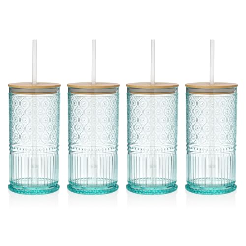 Godinger Drinking Glasses with Lids and Straws, Acrylic Tumbler Cups with Lids Drinking Set, Tall Plastic Cups with Straws, Vintage Decor - Seafoam, 19oz, Set of 4