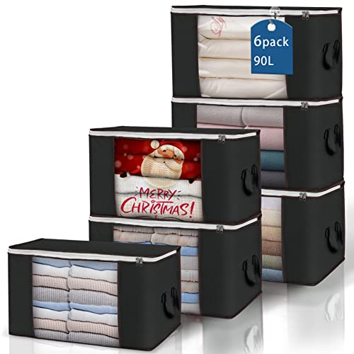 90L Large Storage Bags, 6 Pack Clothes Storage Bins Closet Organizers | Foldable Storage Containers, with Reinforced Handle, for Clothing, Blanket, Comforters, Bed Sheets, Pillows and Toys - color: Black, size: 6 Pack