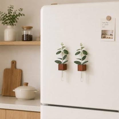 WLLHYF Magnetic Test Tube Flower Vases for Refrigerator Set of 2 Wooden Fridge Magnet Planters with Glass Tubes Propagation Station for Hydroponic Display (No Plant Included)