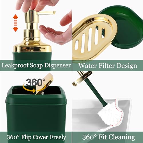 XLHOMO Bathroom Set - Dark Green Bathroom Sets with Shower Curtain and Rugs, 24PCS Shower Curtain Set with Hooks, Soap Dispenser, Soap Dish, Toilet Brush Holder and Trash Can for Housewarming - color: Dark Green and Gold, size: Bathroom Set+Shower Curtain