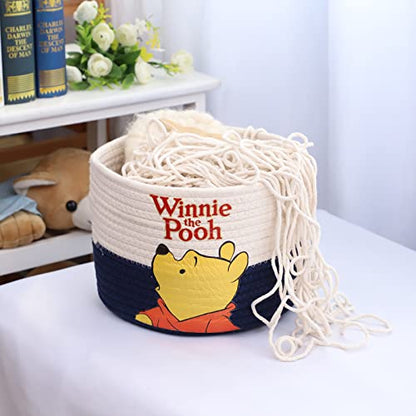 YAHUAN Small Cotton Rope Basket with Bear-Patterned Cotton Rope Storage Basket Collapsible Blanket Basket with Handles(blue white)