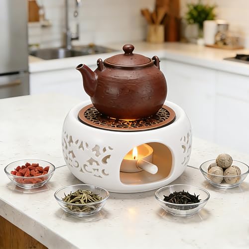 uxcell Teapot Warmer, Ceramic Tea Warmer Ceramic Teapot Heater with Alloy Pad Tealight Holder for Heating Coffee Milk Water Heatproof Dish Warming Use, White Ocean Flower Design - color: White