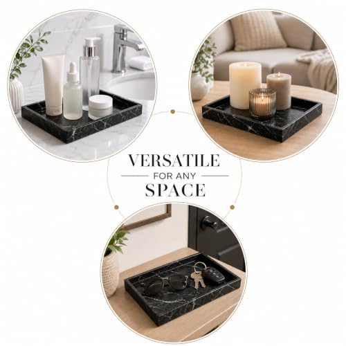 Real Natural Marble & Travertine Vanity Tray, Genuine Marble Serving Tray - color: Black Marble