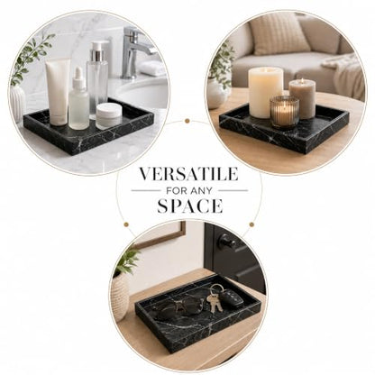 Real Natural Marble & Travertine Vanity Tray, Genuine Marble Serving Tray - color: Black Marble