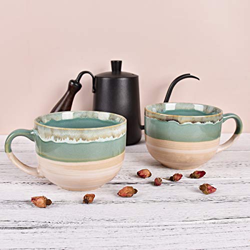Bosmarlin Large Ceramic Coffee Mug Set of 2, Stoneware Jumbo Latte Mugs for Office and Home, 16 Oz, Dishwasher and Microwave Safe(Green, 2) - color: Green
