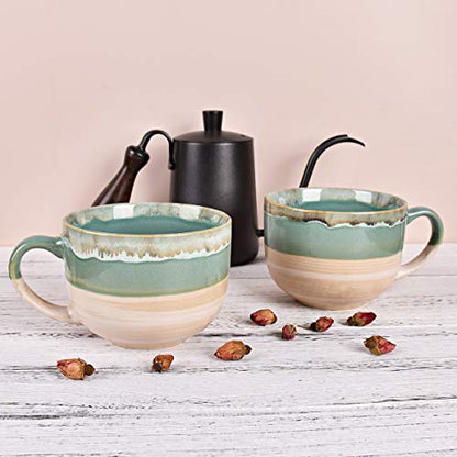 Bosmarlin Large Ceramic Coffee Mug Set of 2, Stoneware Jumbo Latte Mugs for Office and Home, 16 Oz, Dishwasher and Microwave Safe(Green, 2) - color: Green
