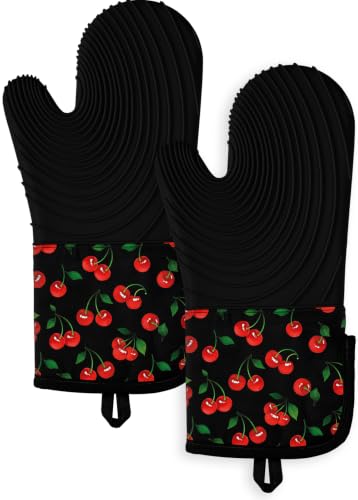 Slohif Long Silicone Oven Mitts Heat Resistant for Women - 2 Pcs Y2K Cherry 100% Cotton Oven Gloves, Non-Slip and Waterproof Silicone Oven Mitts with Hanger for Baking and Cooking - color: Black Red