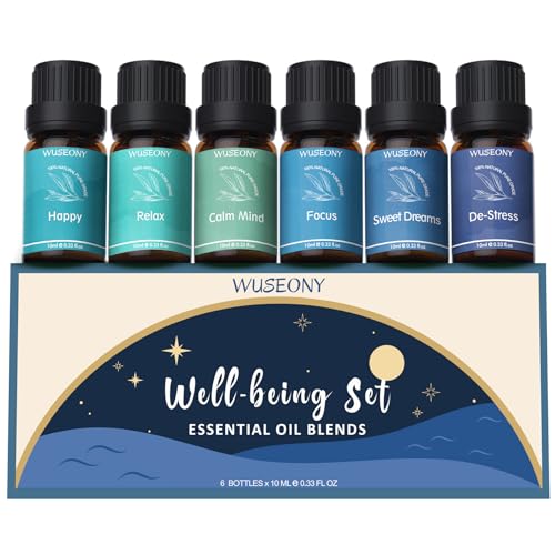 WUSEONY Well-Being Essential Blends Oils Set, Aromatherapy Oils Gift Set for Diffusers Home, Fragrance Oil Scent for Candle Soap Making - Happy, Calm Mind, De-Stress, Relax, Focus, Sweet Dreams - color: Well-being
