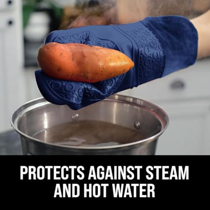 BPA-Free Soft Silicone Oven Mitts - Ultra Heat Resistant Oven Mitts with Thick Cotton Liner - Extra Long Slip Resistant Pot Holders, Flexible Oven Gloves - Navy 14.7" - color: Navy Blue, size: 2-Piece 14.7" Oven Mitts
