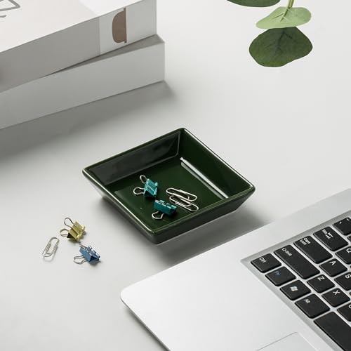 Ceramic Trinket Dish, Small Jewelry Ring Tray, Dark Green | Glazed ceramic jewelry tray. Stores rings, earrings, necklaces, bracelets. Easy to clean. Perfect for vanity and entryway. - color: Dark Green Surface