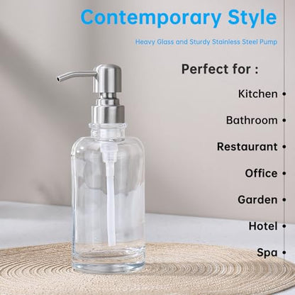 Clear Glass Soap Dispenser with Brushed Nickel Pump 2 Pack, 2 X 11 OZ Liquid Soap Dispenser Cylindrical with Stainless Steel Pump for Dish Hand Soap Bathroom Kitchen Vanity Countertop - color: Brushed Nickel, size: 2X11 oz