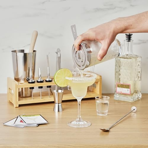 True 20-Piece Cocktail Shaker Bar Set with Wooden Stand Includes Boston Shaker, Mixing Glass, Muddler, Jigger, Strainer, Bartender Kit for Mixed Drinks, Cold Brew Cocktails, Home Bar Tools - size: 20-Piece
