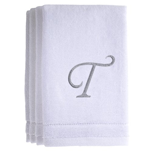 Monogrammed Towels Fingertip, Personalized Gift, 11 x 18 Inches - Set of 4- Silver Embroidered Towel - Extra Absorbent 100% Cotton- Soft Velour Finish - For Bathroom/ Kitchen/ Spa- Initial T (White) - color: T