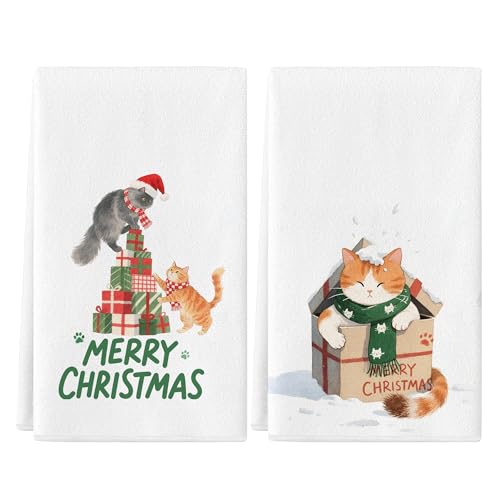 Merry Christmas Kitchen Towels Dish Towels, 17x27 Inch Daily Seasonal Winter Decoration Funny Hand Towels Set of 2,Cute Cat Farmhouse Decor(Cat) - color: Cat