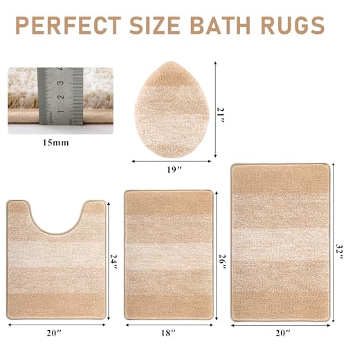 Bsmathom Bathroom Rug Set 4 Piece, Plush Microfiber Bath Mat, Beige | Super Water Absorbent, Non Slip Machine Washable Bath Rug Sets with Toilet Lid Cover and U-shaped Contour Toilet Mat - color: Beige, size: 18"x26"+20"x31"+U20"x24"+Cover19"x21"