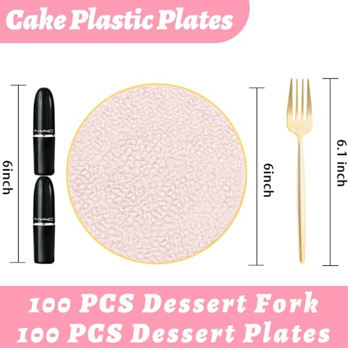 Rubtlamp 200Pcs Pink Plastic Dessert Plates with Gold Rim, 6inch Fancy Plastic Plates Include 100 Hammered Appetizer Plates and 100 Disposable Gold Forks for Party Teatime Birthday - color: Pink gold